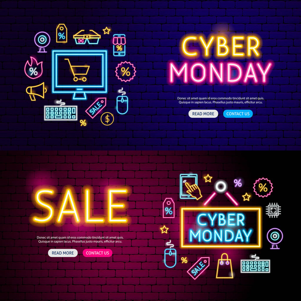 Cyber Monday Neon Website Banners. Vector Illustration of Shopping Sale Promotion. - Vector, Image