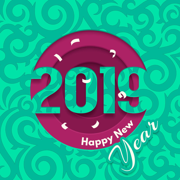 2019 Happy New Year greeting card with cut out numbers and flying confetti. Vector. - Вектор, зображення