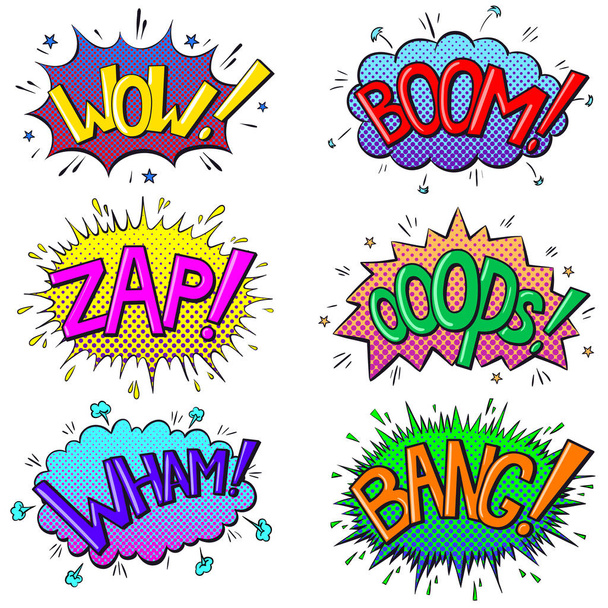 Comics Text Soundeffekte. Sprechblasen-Phrasen boomen, wow, zap, hoppla, wham, bang. Vektorillustration - Vektor, Bild