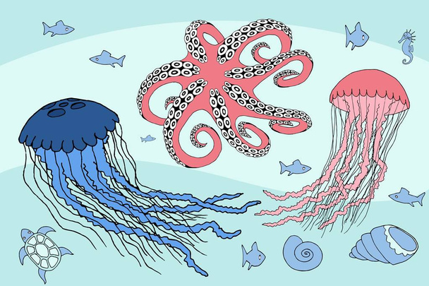 δύο μέδουσες, χταπόδια και θαλάσσια θηρία θαλάσσιας ζωής - Διάνυσμα, εικόνα