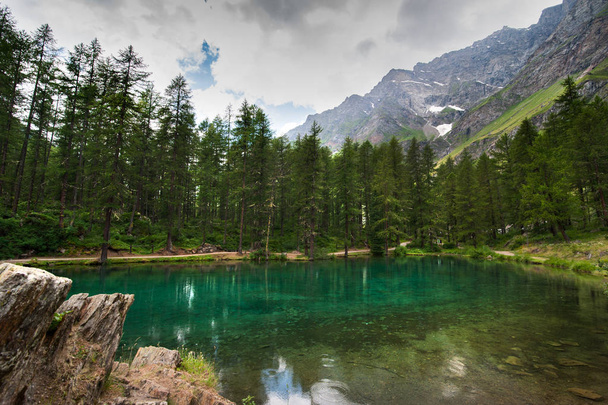 alpejskie jezioro w lesie sosnowym w Rhemes Notre Dame, gościnnym, Włochy, - Zdjęcie, obraz