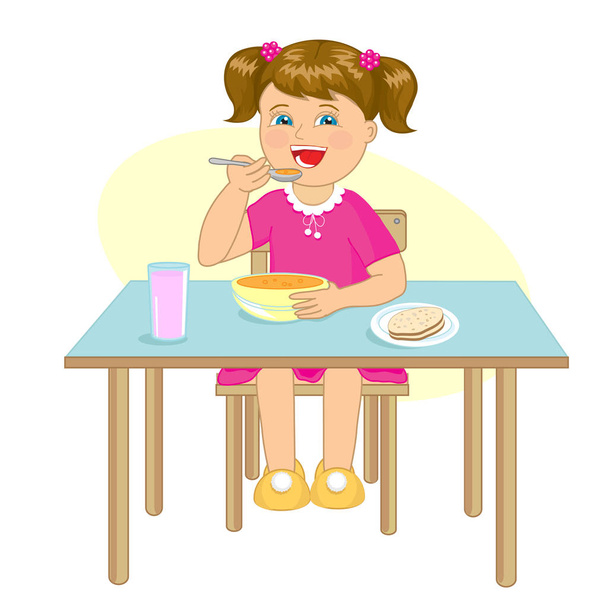 Egy kislány az asztalnál ül, és eszik. illusztráció. - Fotó, kép