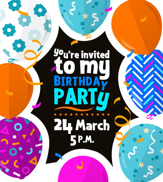 Κάρτα γενεθλίων πάρτυ με πολύχρωμα μπαλόνια μοτίβο σε επίπεδη στυλ, κομφετί και σερπαντίνες. - Διάνυσμα, εικόνα