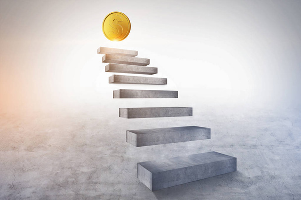 Concrete stairs going up with a shining dollar coin on the top. Concept of financial success and business goals. 3d rendering copy space - Fotografie, Obrázek
