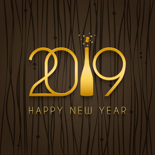 2019 Happy New Year, design template for holiday greeting card and invitation. Gold numbers and bottle of Champagne on dark background. Vector. - Vector, Image