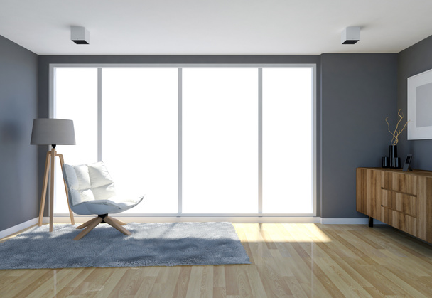 Moderní obývací pokoj interiér s šedou stěnu a mají velká okna, vykreslování 3d objektů - Fotografie, Obrázek
