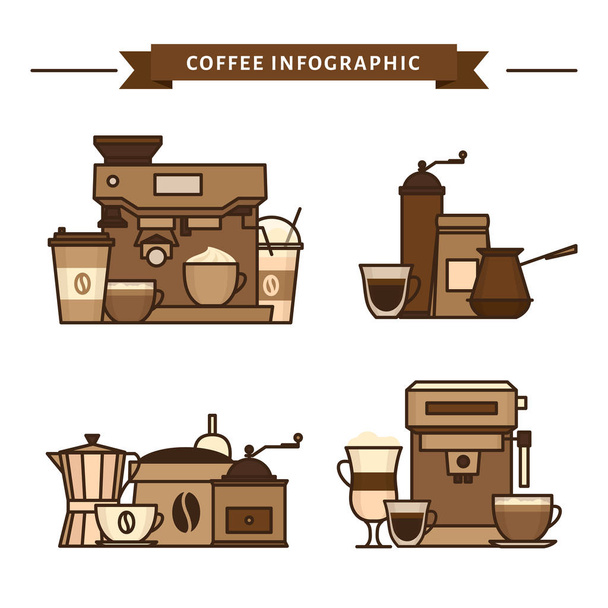 Kávé tárgyak és berendezések. Csésze és kávéfőző módszer. Kávégépek és kávéfőzők, vízforraló, francia sajtó, moka pot, cezve. Lapos stílusú, vektoros illusztráció.  - Vektor, kép