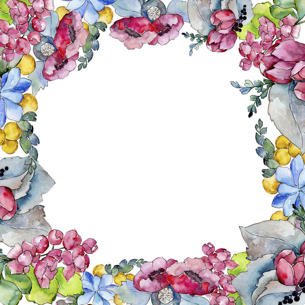 水彩のカラフルなトロピカル ブーケの花。花植物の花。フレーム枠飾りスクエア。背景、テクスチャ、ラッパー パターン、フレームや境界線の aquarelle ワイルドフラワー. - 写真・画像