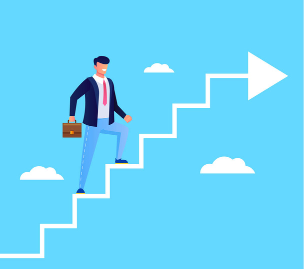 Successful man office worker character running upstairs to career stairs. Business strategy leader success business development start up concept. Vector flat cartoon graphic design illustration - Vektori, kuva