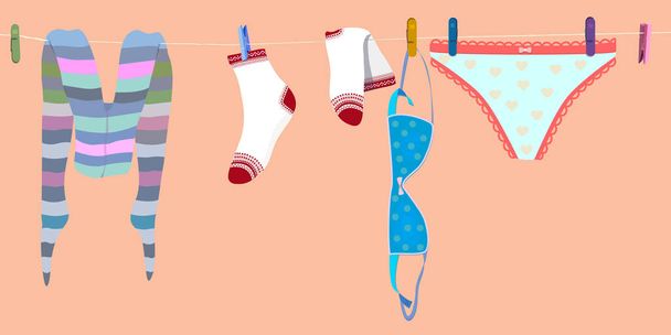 spodní prádlo sušící na prádelní šňůru. žena bokové kalhoty, ponožky, kalhoty a podprsenky. vektor - Vektor, obrázek