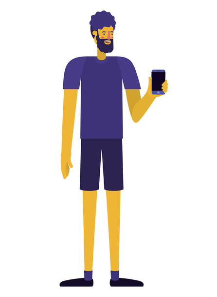 young man with beard and smartphone - Vector, Image