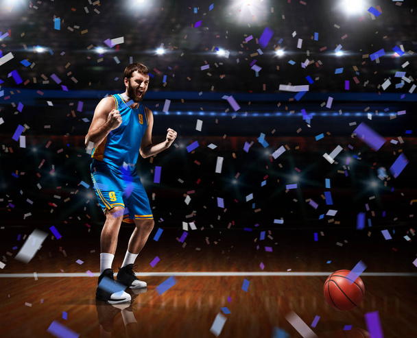 basketbalista slaví vítězství na basketbal arena - Fotografie, Obrázek