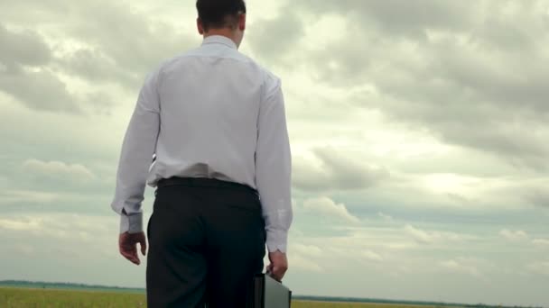 El hombre de negocios está caminando con el maletín en la mano contra el fondo de nubes oscuras
 - Metraje, vídeo