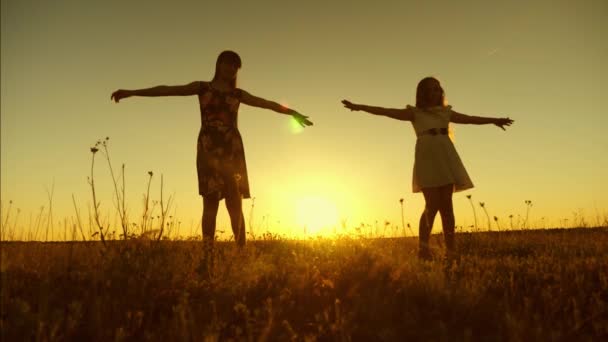 Щасливі дівчата-підлітки крутяться на заході сонця. Повільний рух
. - Кадри, відео