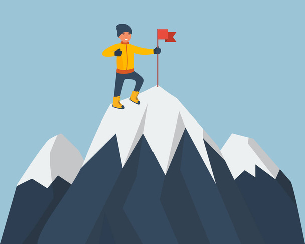 Climber standing on the top of mountain with a red flag. Young smiling mountaineer climbing on a rock. Vector cartoon illustration isolated on white background. Flat design style. Vector illustration - Vector, Image