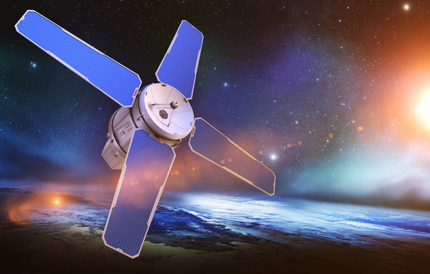 Sci-Fi δορυφορική στην τροχιά της γης. Στοιχεία αυτής της εικόνας επιπλωμένα από τη Nasa. 3D απεικόνιση - Φωτογραφία, εικόνα
