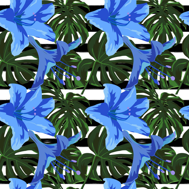 Tropical Print. Jungle Seamless Pattern. Vector Tropic Summer Motif with Hawaiian Flowers.  - Vector, Image