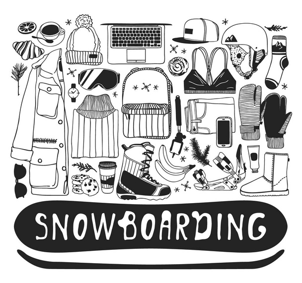 Ręcznie rysowane rzeczy Snowboard ilustracja moda. Dzieła sztuki twórczej atramentu. Rzeczywiste przytulne wektor rysunek z elementami Rider's. Sport zimowy zestaw: Odzież, obuwie, akcesoria, jedzenie, napoje, rzeczy - Wektor, obraz