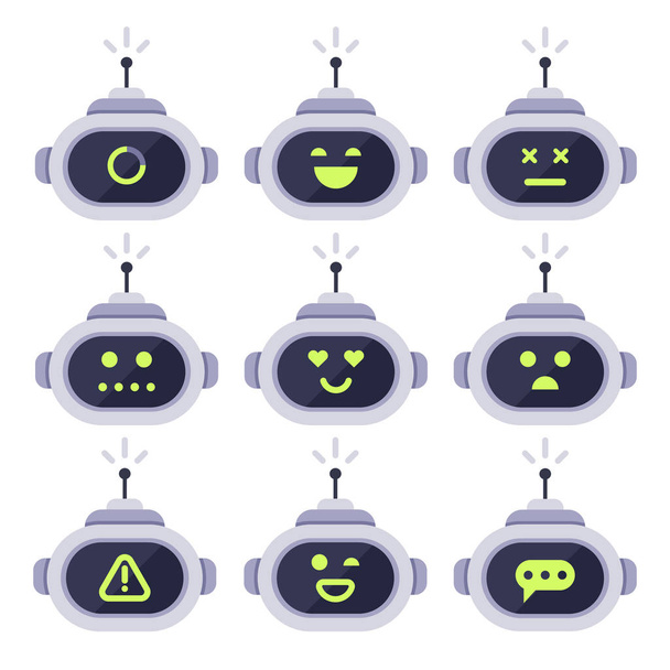Chatbot avatar. Bots de chat de computadora, expresiones faciales de robot androide y cabeza de cyborg robótico. Logotipo de robots o conjunto de iconos de vector bot
 - Vector, imagen