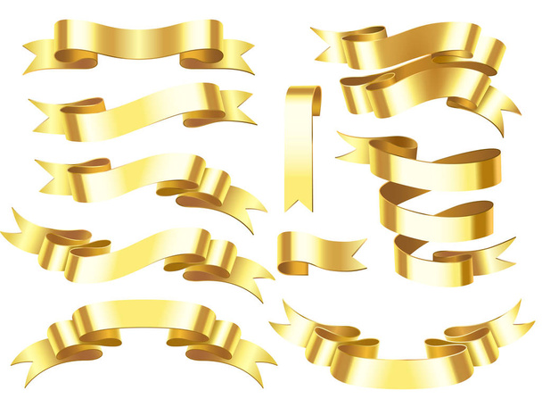 ゴールドのリボン。ゴールデン賞やお祝い水平リボン光沢のあるスクロール分離ベクトル図 - ベクター画像