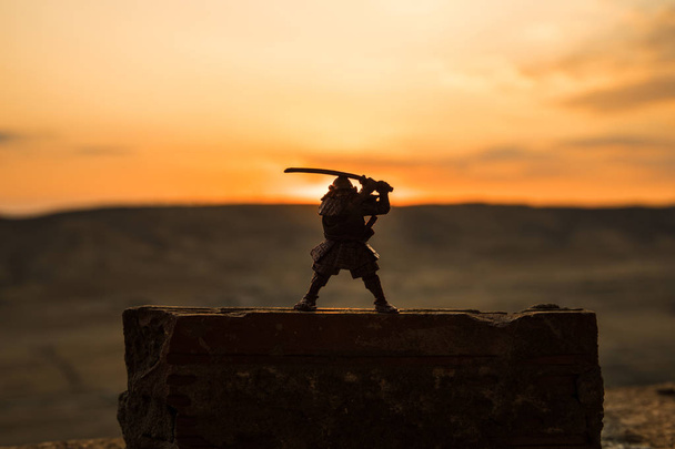 Combatiente con una silueta de espada un ninja cielo. Samurai en la cima de la montaña con fondo de niebla tonificado oscuro. Enfoque selectivo
 - Foto, imagen