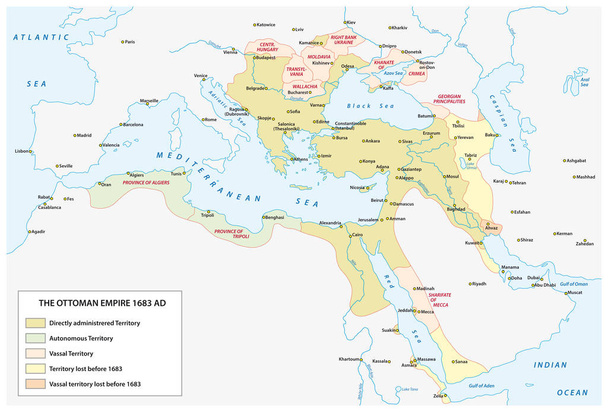 Карта Османской империи во время величайшей экспансии и в конце XVII века
. - Вектор,изображение