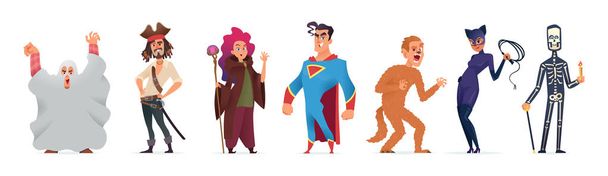 Mensen in kostuums voor Halloween. Characterdesign voor een happy Halloween-party. Vectorillustratie. - Vector, afbeelding