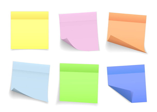 Collection of different colored sheets of note papers with curled corner and shadow, ready for your message. Realistic. Isolated on white background. Set. Vector illustration. - Vector, Image