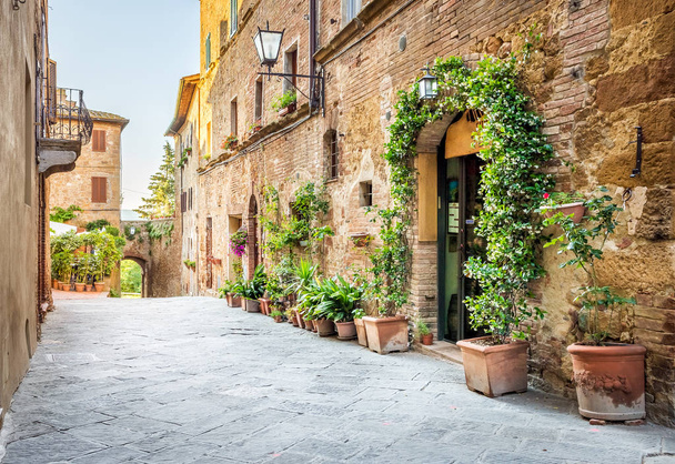 Beautiful narrow street of old Pienza town in Tuscany - Photo, Image