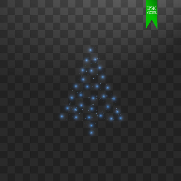 Christmas Tree made. Blue glitter bokeh lights and sparkles. Shining star, sun particles and sparks with lens flare effect on transparent background - Vector, imagen