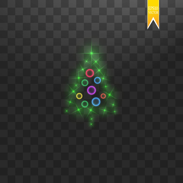 Árvore de Natal feita. Luzes bokeh brilho verde e brilhos. Estrela brilhante, partículas de sol e faíscas com efeito de chama da lente no fundo transparente
 - Vetor, Imagem
