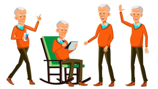 Old Man Poses Set Vector. Asian, Chinese, Japanese. Elderly People. Senior Person. Aged. Friendly Grandparent. Banner, Flyer, Brochure Design. Isolated Cartoon Illustration - Vector, Image