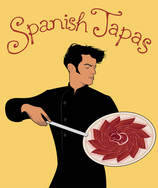 Ισπανικά τάπας. Όμορφος Ισπανικά σεφ κρατώντας ένα μαχαίρι και δείχνει ένα νόστιμο πιάτο Ιβηρική ζαμπόν. - Διάνυσμα, εικόνα