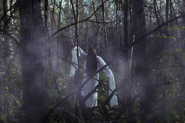 Portrait of a dead girl on Halloween in a gloomy forest. A ghost-girl in a gloomy dark forest at night on Halloween - Foto, afbeelding