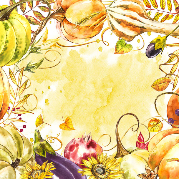 Autumn leaves and pumpkins border frame with space text on white background. Seasonal floral maple oak tree orange leaves with gourds for thanksgiving holiday, harvest decoration watercolor design. - Foto, Imagem