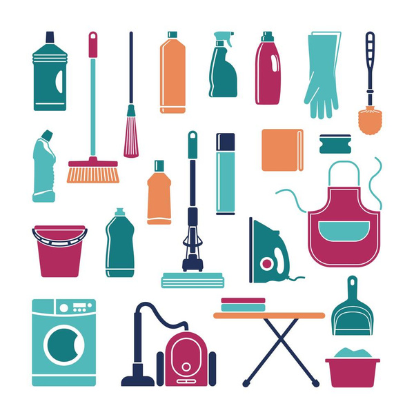 Ikonok-kiegészítők és eszközöket a takarítás, mosás és vasalás - Vektor, kép