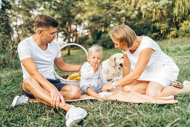 baby jongetje grimassen genot met jonge ouders en hond op de picknick buiten - Foto, afbeelding