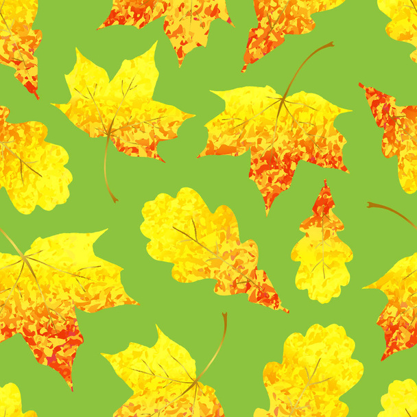 Seamless pattern with Golden sparkling red yellow maple and oak leaves. Autumn textile Vector illustration on green background - Wektor, obraz