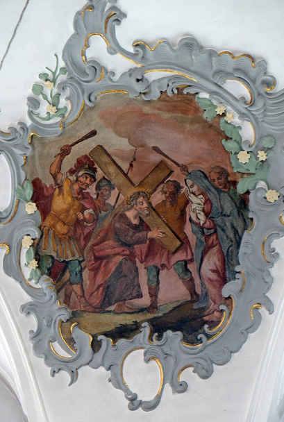 Jesus meets his mother, Way of the Cross, fresco on the ceiling of the Church of Our Lady of Sorrows in Rosenberg, Germany - Photo, Image