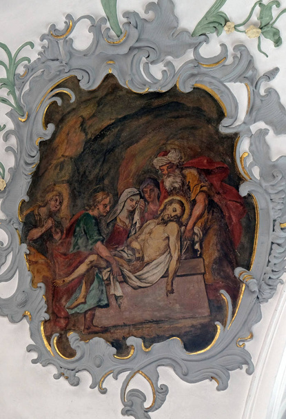 Jesus is laid in the tomb, Way of the Cross, fresco on the ceiling of the Church of Our Lady of Sorrows in Rosenberg, Germany  - Photo, Image
