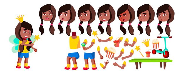 Dívka školky Kid vektor. Černá. Afro americký. Animace tvorby sady. Tvář emoce, gesta. Docela pozitivní dítě. Volný čas. Pro Web, brožura, návrh plakátu. Animovaný. Izolované ilustrace - Vektor, obrázek