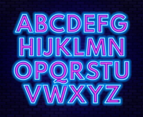 Pink blue neon alphabet on a dark background . Capital letter. - Vector, Image
