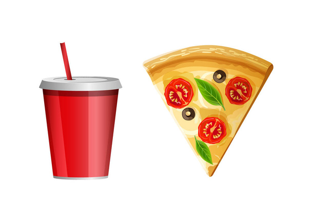 Fast food simgesi, parça pizza ve maden suyu Kupası - Vektör, Görsel