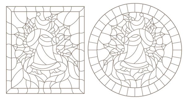 Set of contour illustrations in stained glass style for the New year and Christmas,Santa Claus, Holly branches and ribbons in the frame, round and square image - Vector, Image