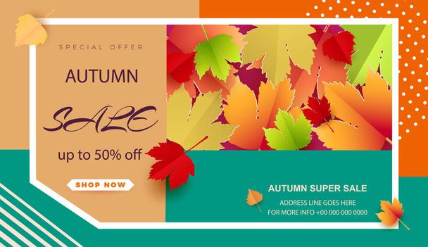 Autumn flyer template with an inscription. Bright leaves. Autumn sale poster, card, label, banner design. Vector illustration - Vektor, Bild