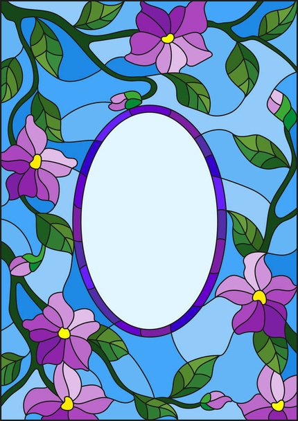 Иллюстрация в витражном стиле с ветвями цветущего дерева с фиолетовыми цветами и рамкой посередине на голубом фоне неба
 - Вектор,изображение
