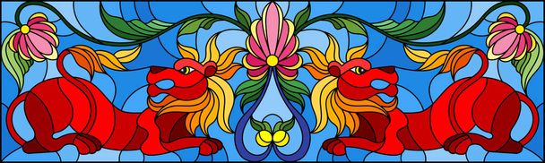 Illustration im Glasmalereistil mit abstrakten roten Löwen und Blumen auf blauem Hintergrund, Spiegelbild, horizontale Ausrichtung - Vektor, Bild