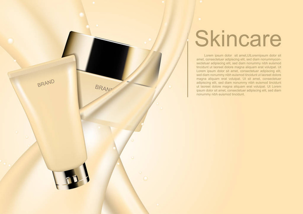 Cosmetische advertenties sjabloon, cosmetische set met beige vallende water - Vector, afbeelding