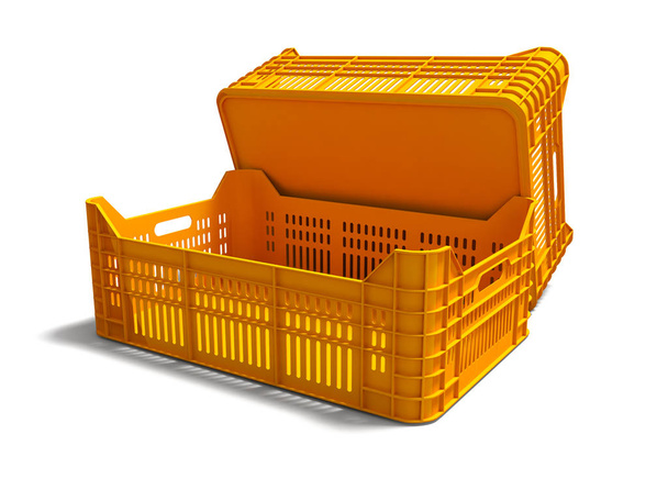 Δύο κουτιά πορτοκαλί πλαστικό κενό πίσω όψη 3d καθιστούν σε λευκό φόντο με σκιά - Φωτογραφία, εικόνα