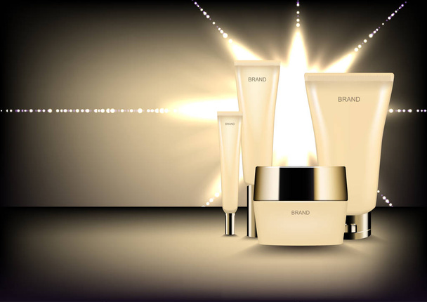 Plantilla de anuncios cosméticos, conjunto de cuidado de la piel con luz brillante abstracta en color beige oscuro
 - Vector, imagen